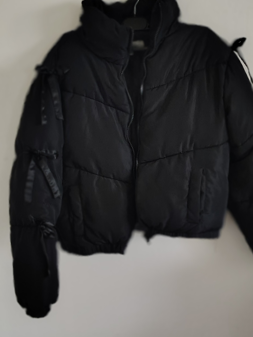Madden Girl Black Cropped Puffer Jacket with Ribbon Detail